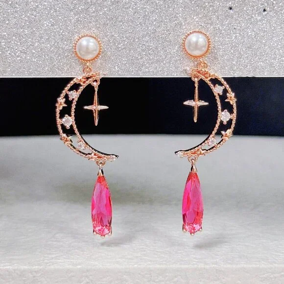 Moon earrings, Celestial earrings, Crystal Pearl Teardrop, Vintage Jewelry - Picture 3 of 7